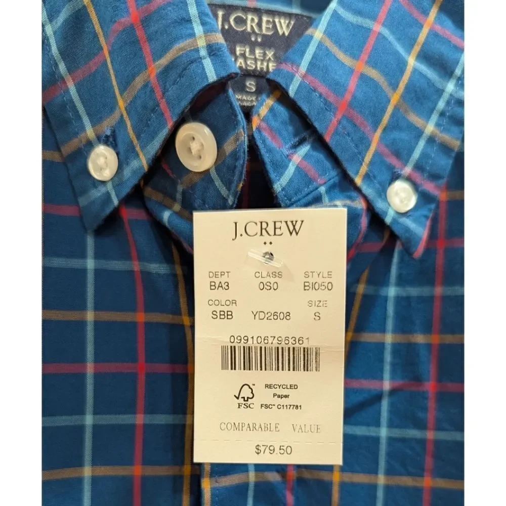 J. Crew Factory Flex Washed Slim Blue & Red Plaid Casual Button Down Shirt NWT